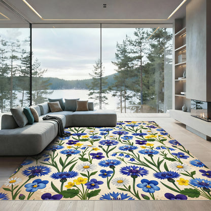 Blue Cornflower Meadow Floral Collage Rug