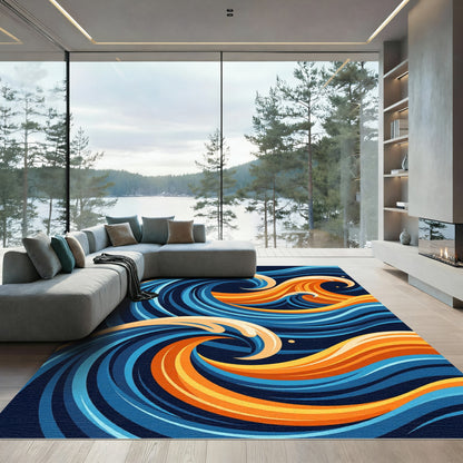 Abstract Blue and Gold Swirling Waves Rug
