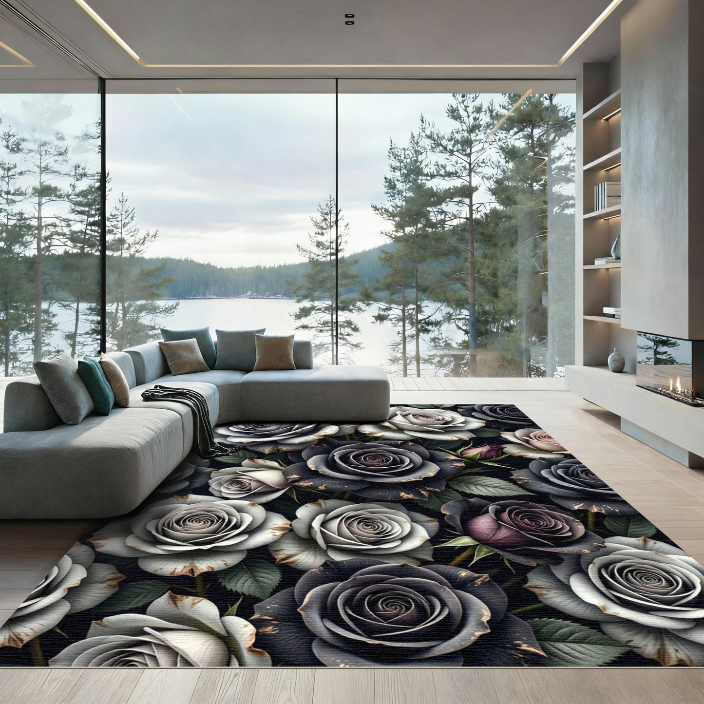 Smoky Gray Floral Rose Arrangement Rug