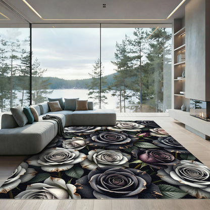 Smoky Gray Floral Rose Arrangement Rug