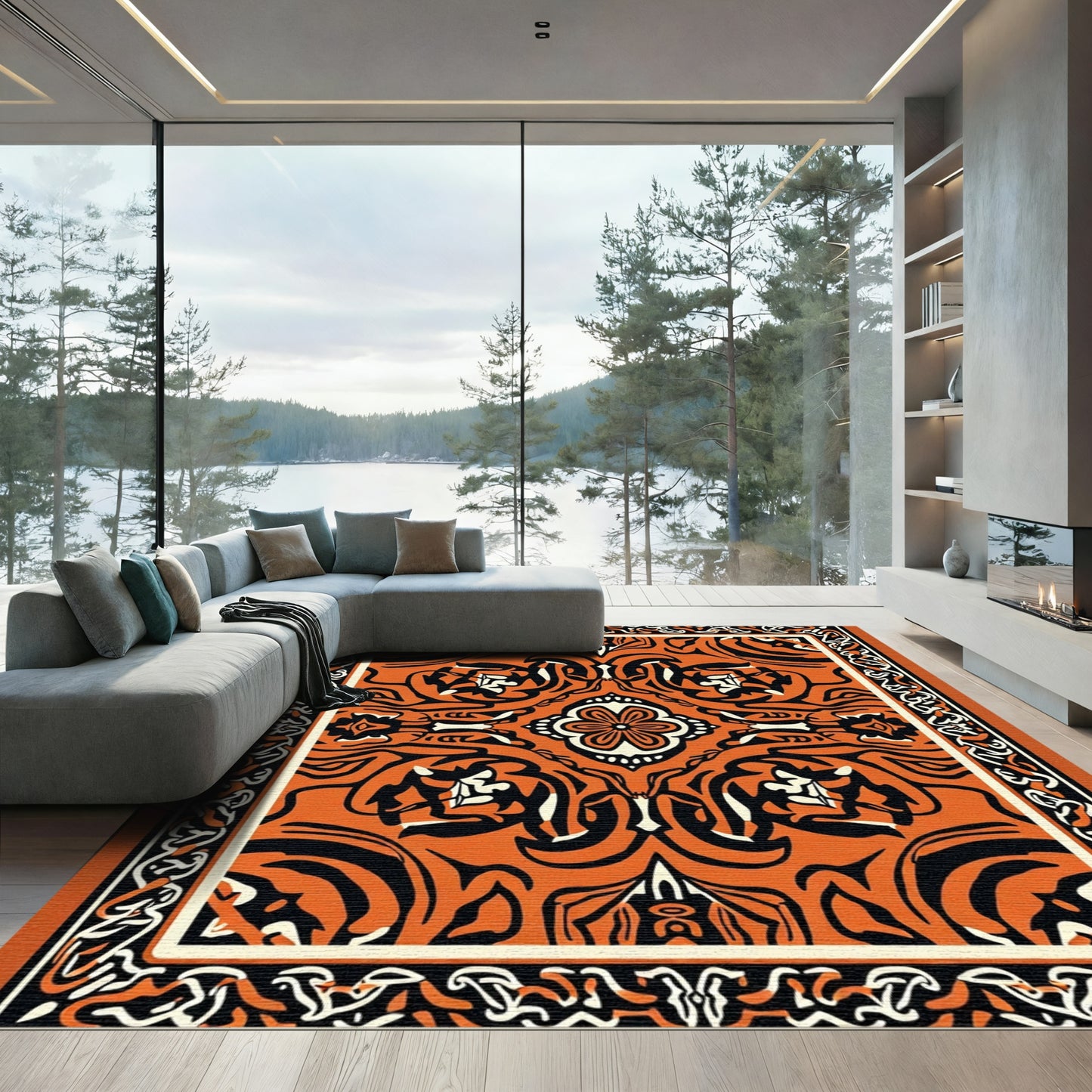 Orange Black White Bold Floral Medallion Rug