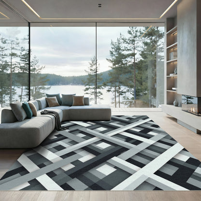 Monochrome Geometric Intersecting Linear Art Rug