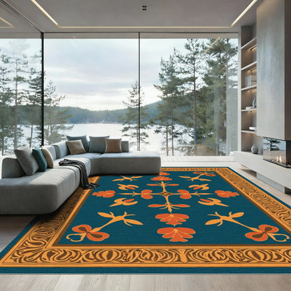 Teal Orange Floral Garden Border Rug