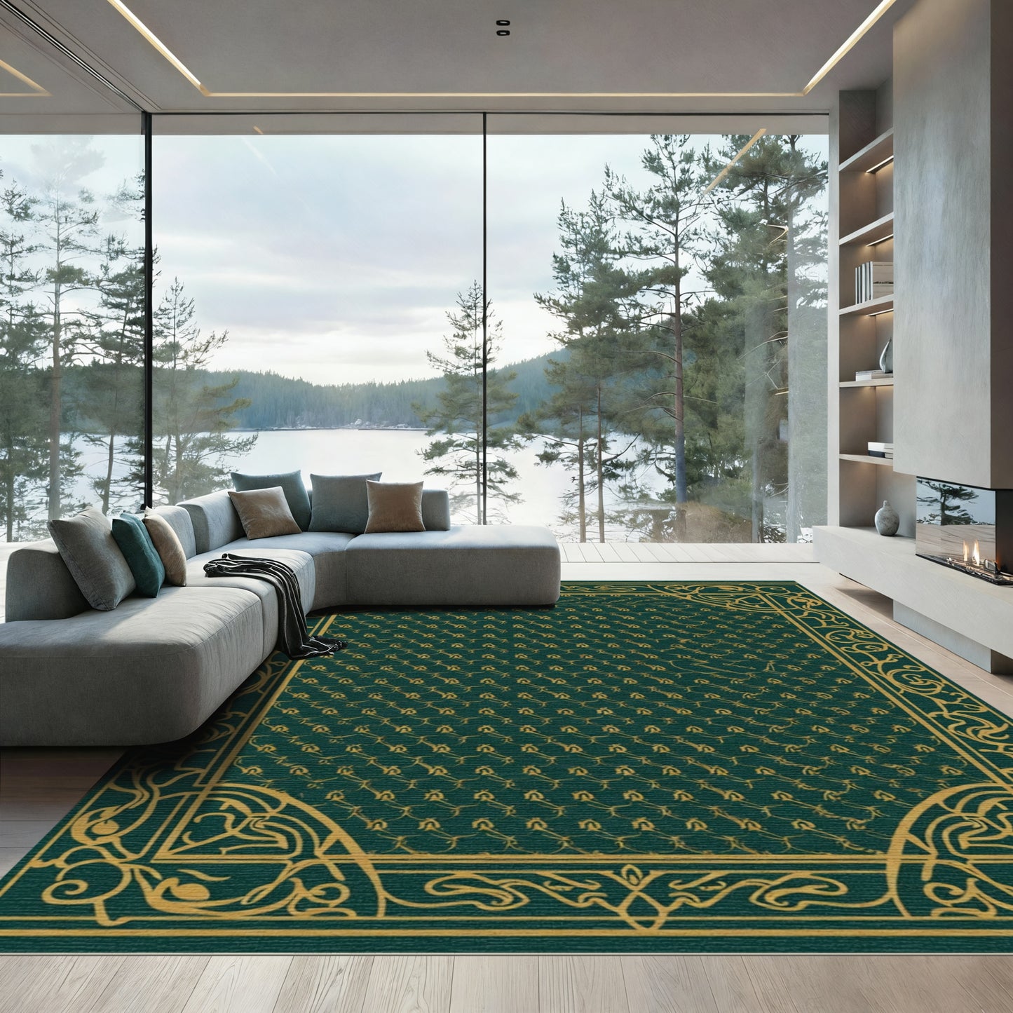 Emerald Green Floral Crest Border Rug
