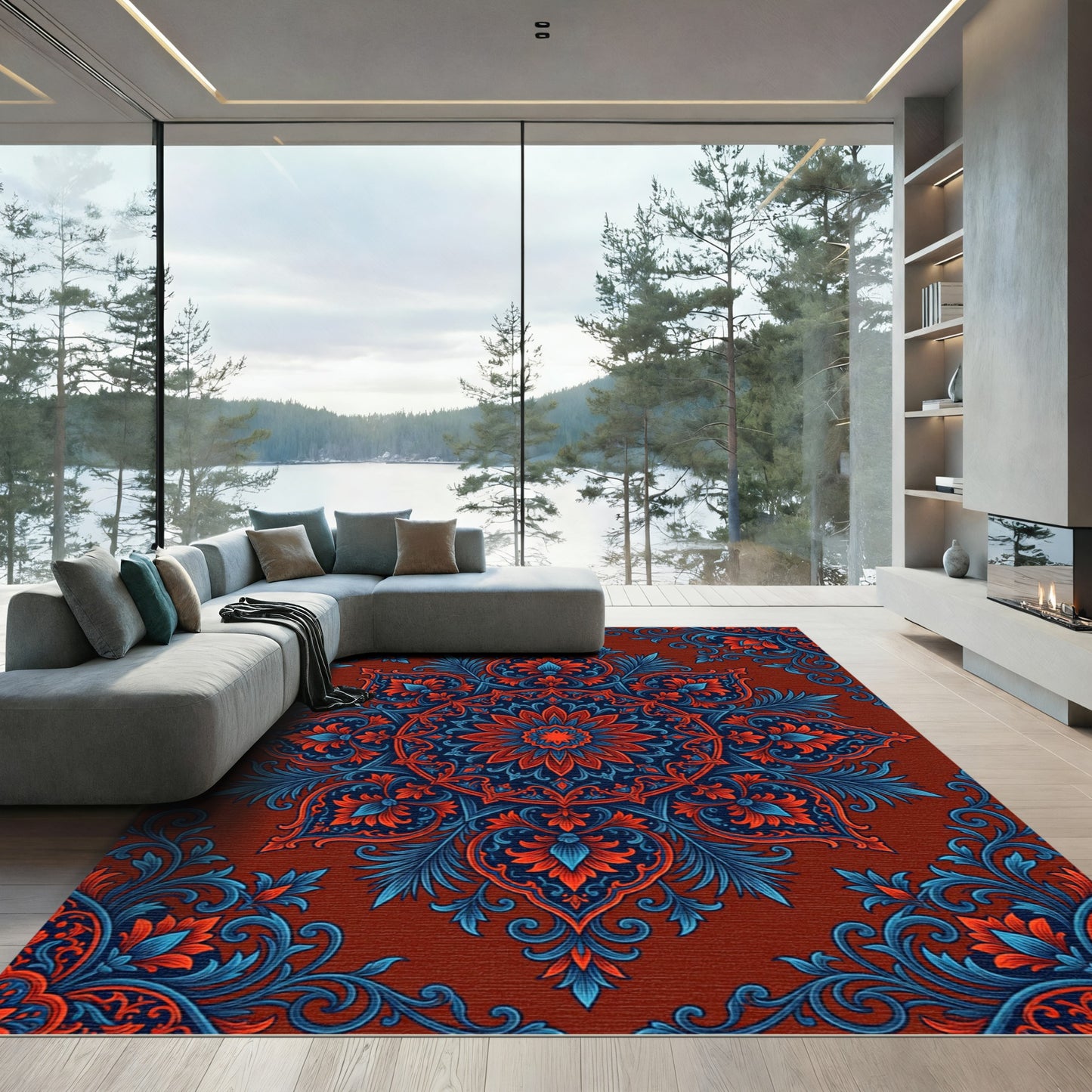 Dark Crimson Floral Chintz Medallion Rug