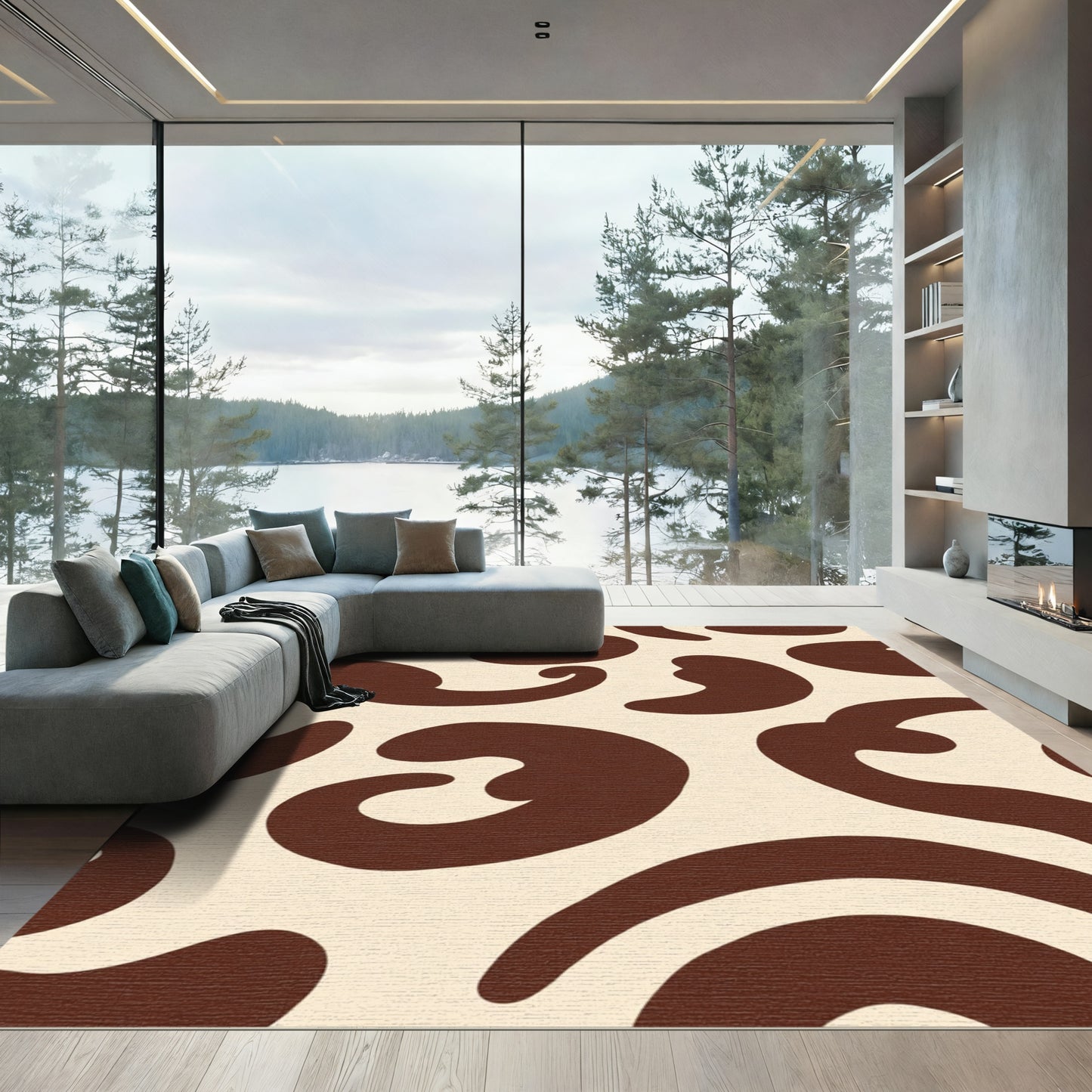 Brown Cream Abstract Swirl Rug