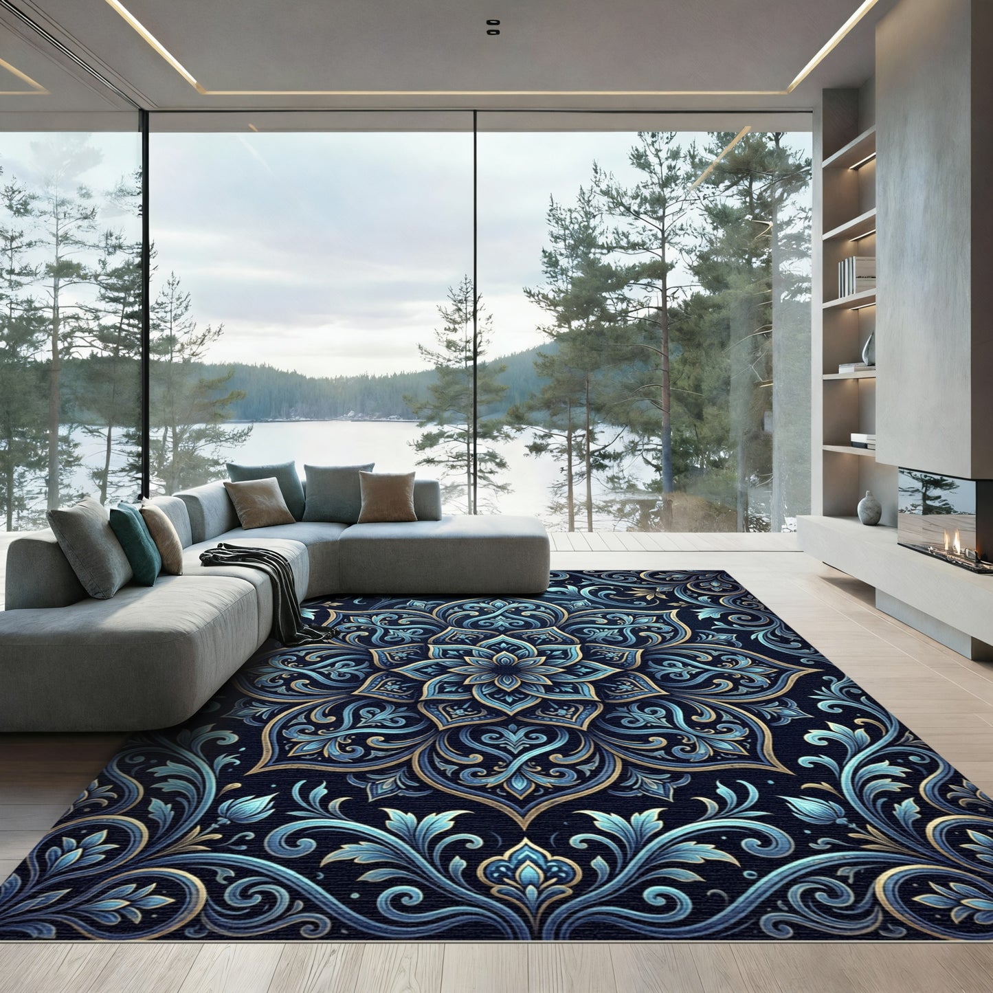 Ornate Navy and Sky Blue Medallion Rug