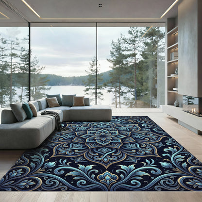 Ornate Navy and Sky Blue Medallion Rug