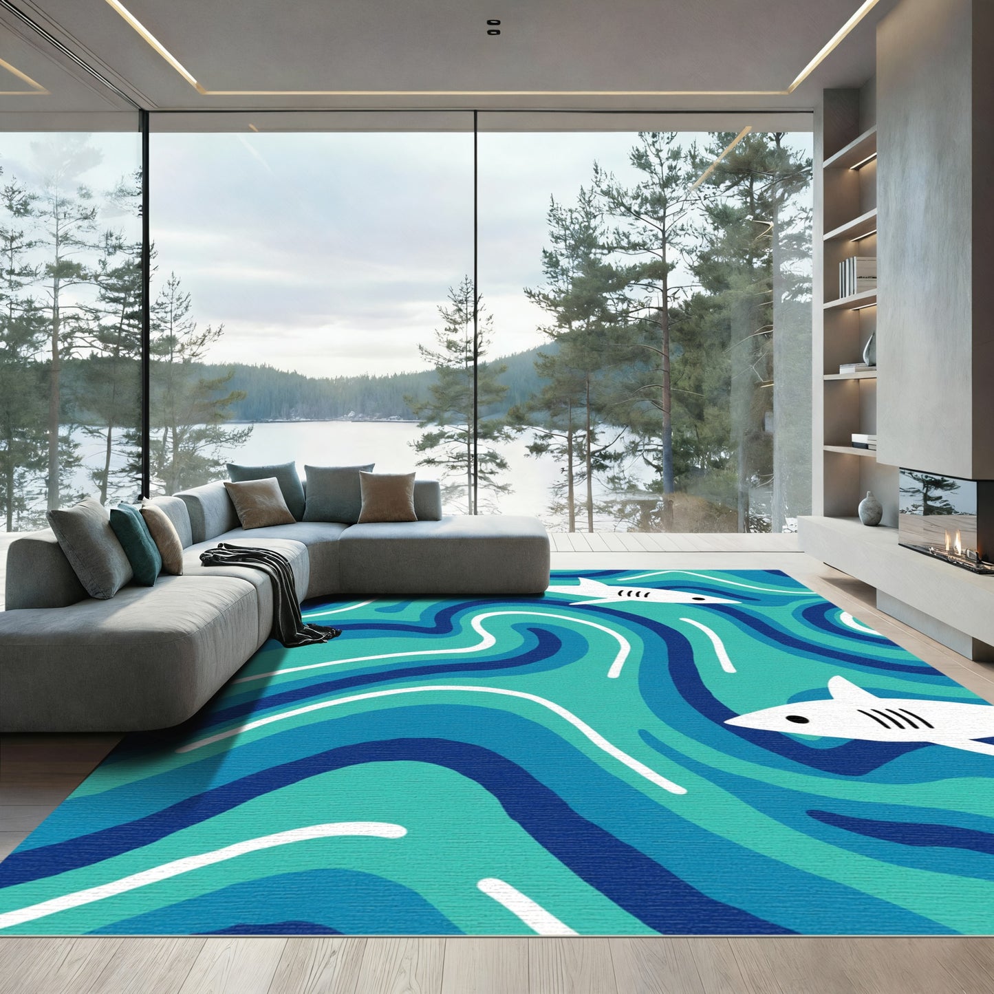 White Sharks Through Blue Waves Rug