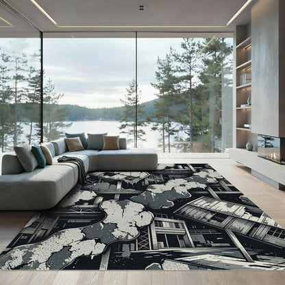 Industrial Ruined Cityscape Monochromatic Rug