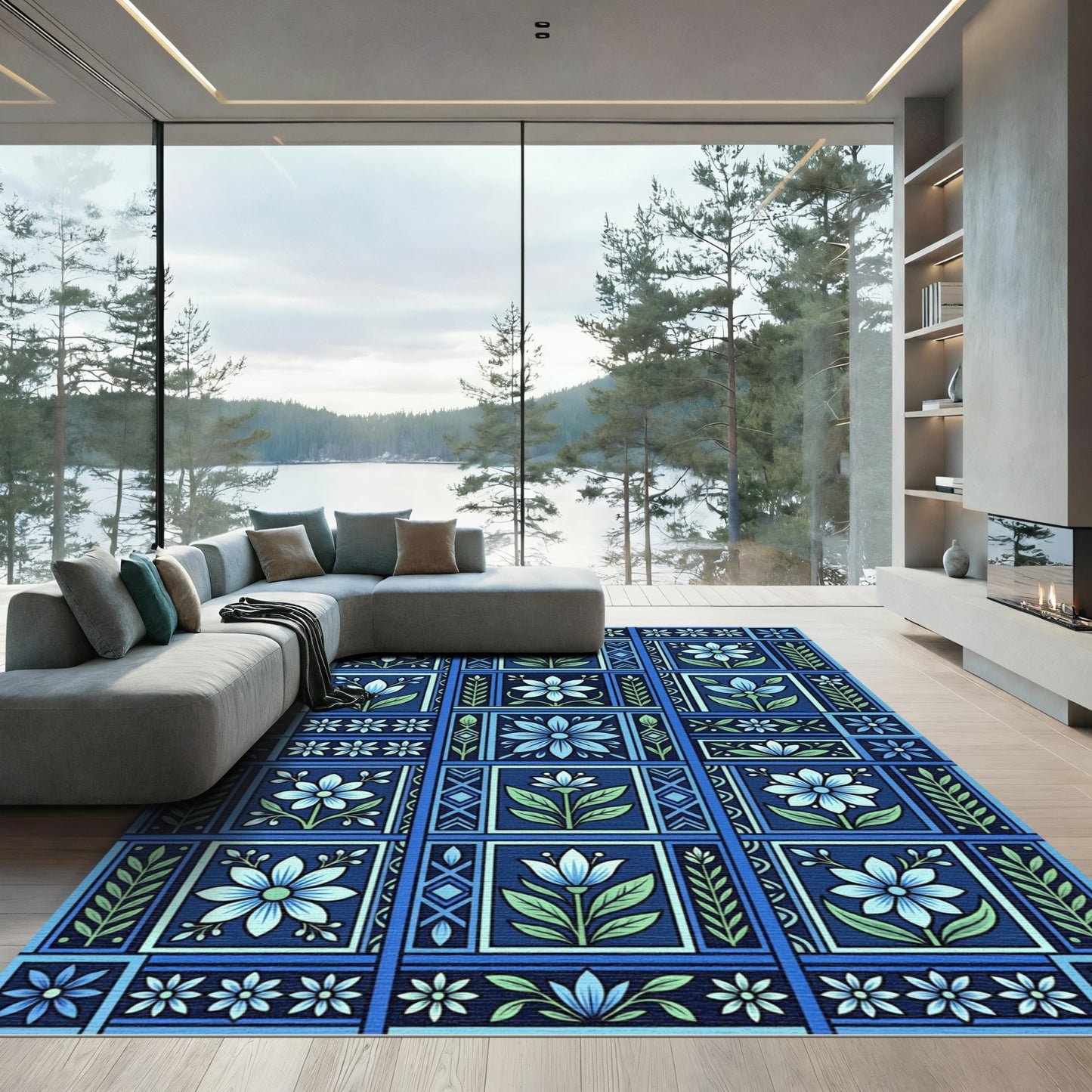 Bold Blue Floral Garden Panels Rug