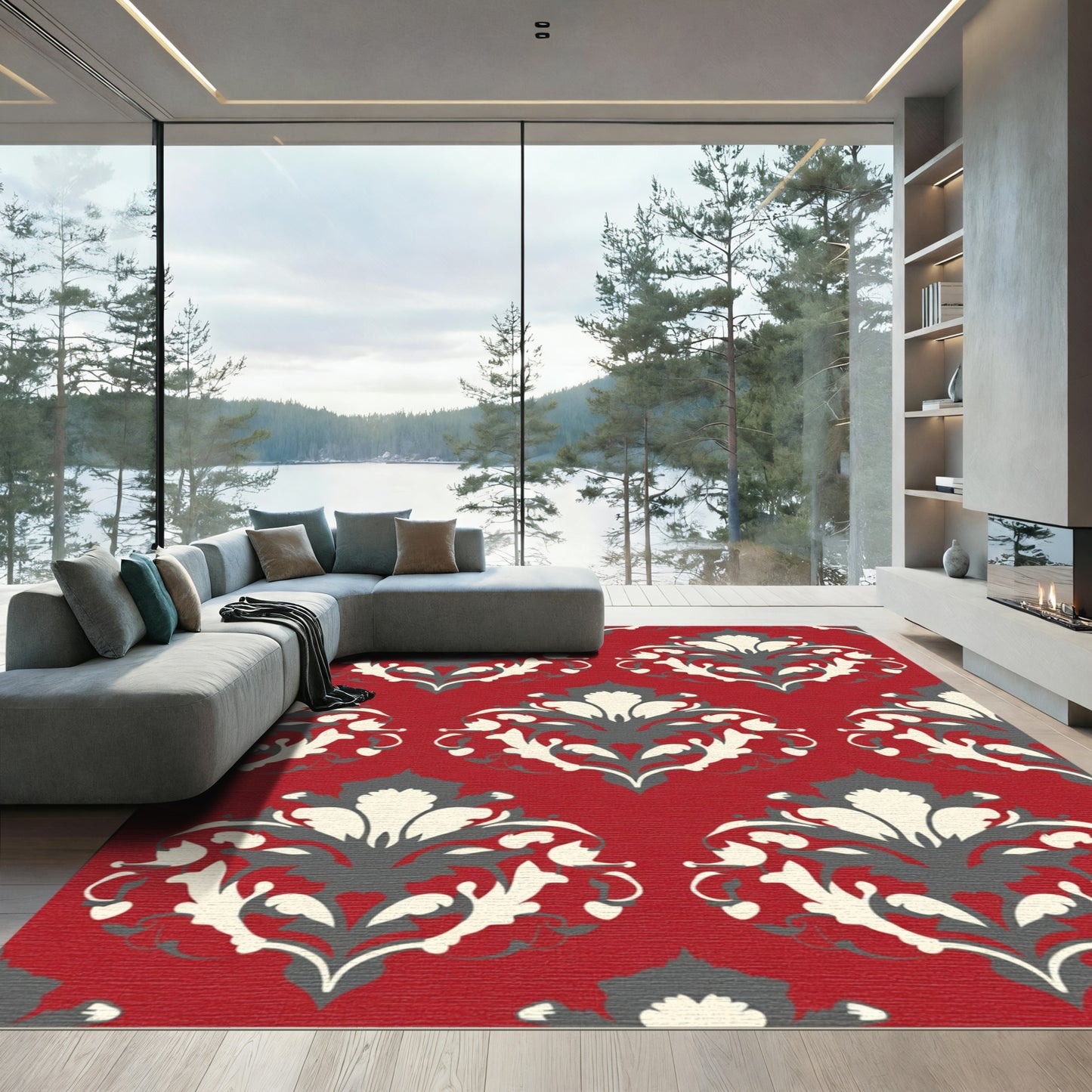 Red Cream Gray Damask Ornament Rug