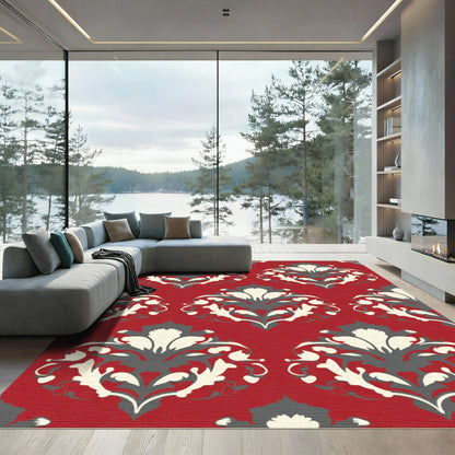 Red Cream Gray Damask Ornament Rug