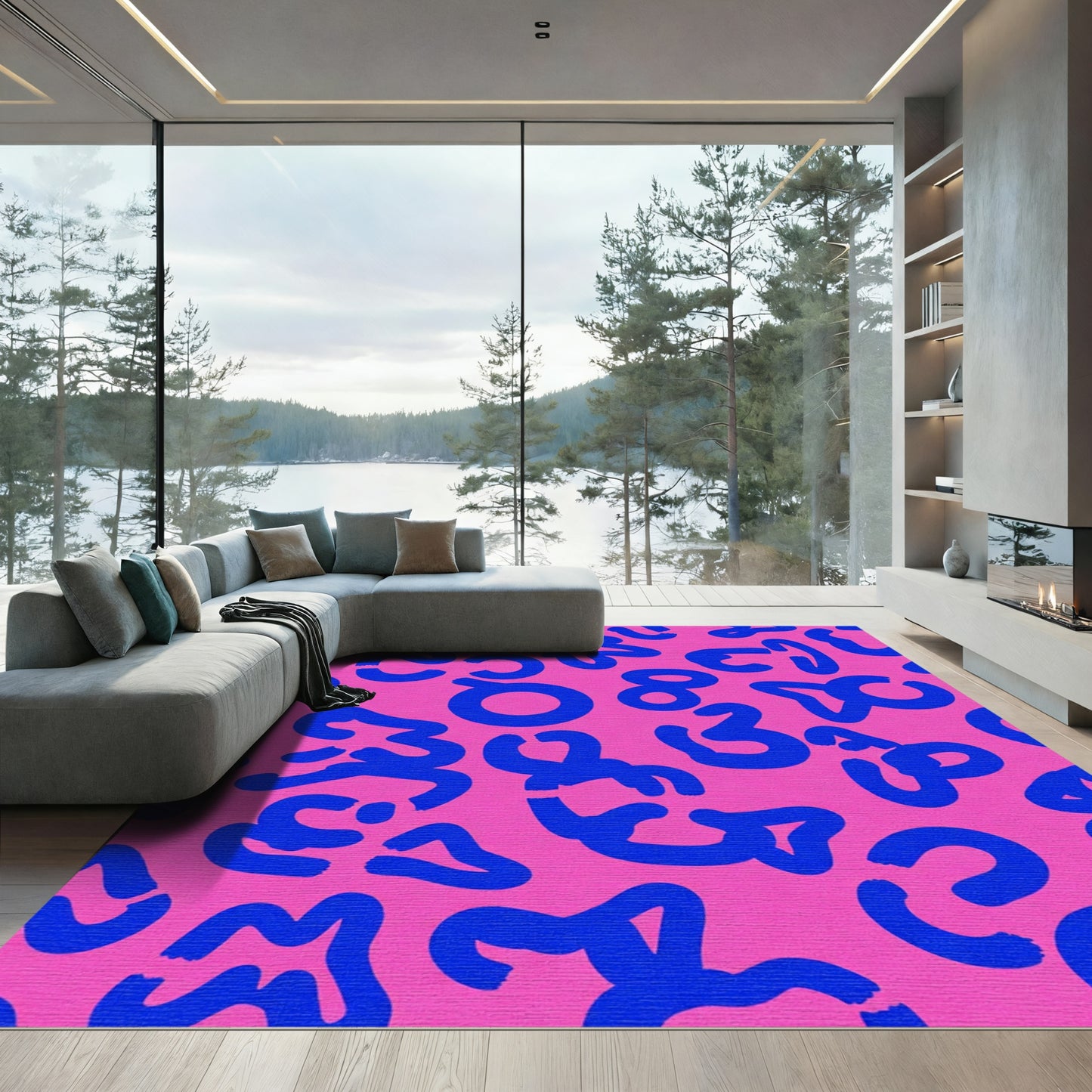 Bold Cyan Brushstroke Abstract Pink Rug