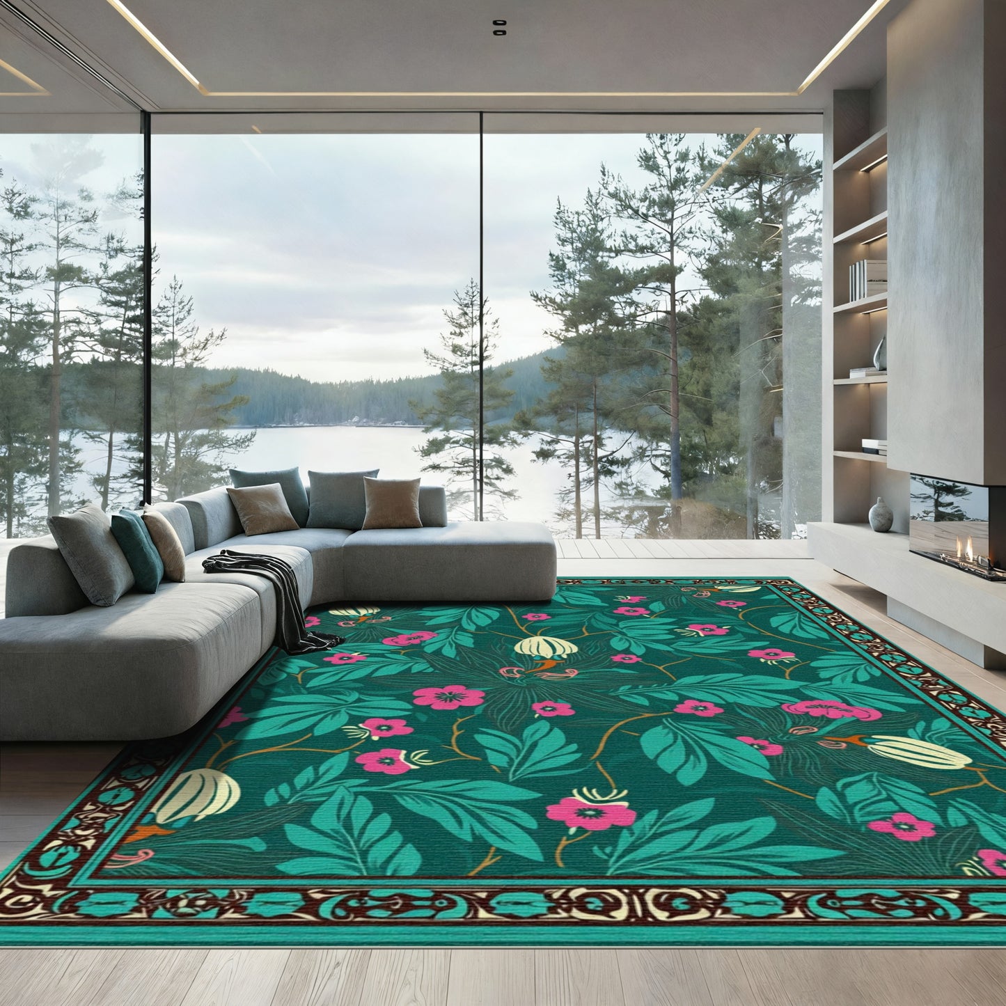 Emerald Green Floral Botanical Garden Rug