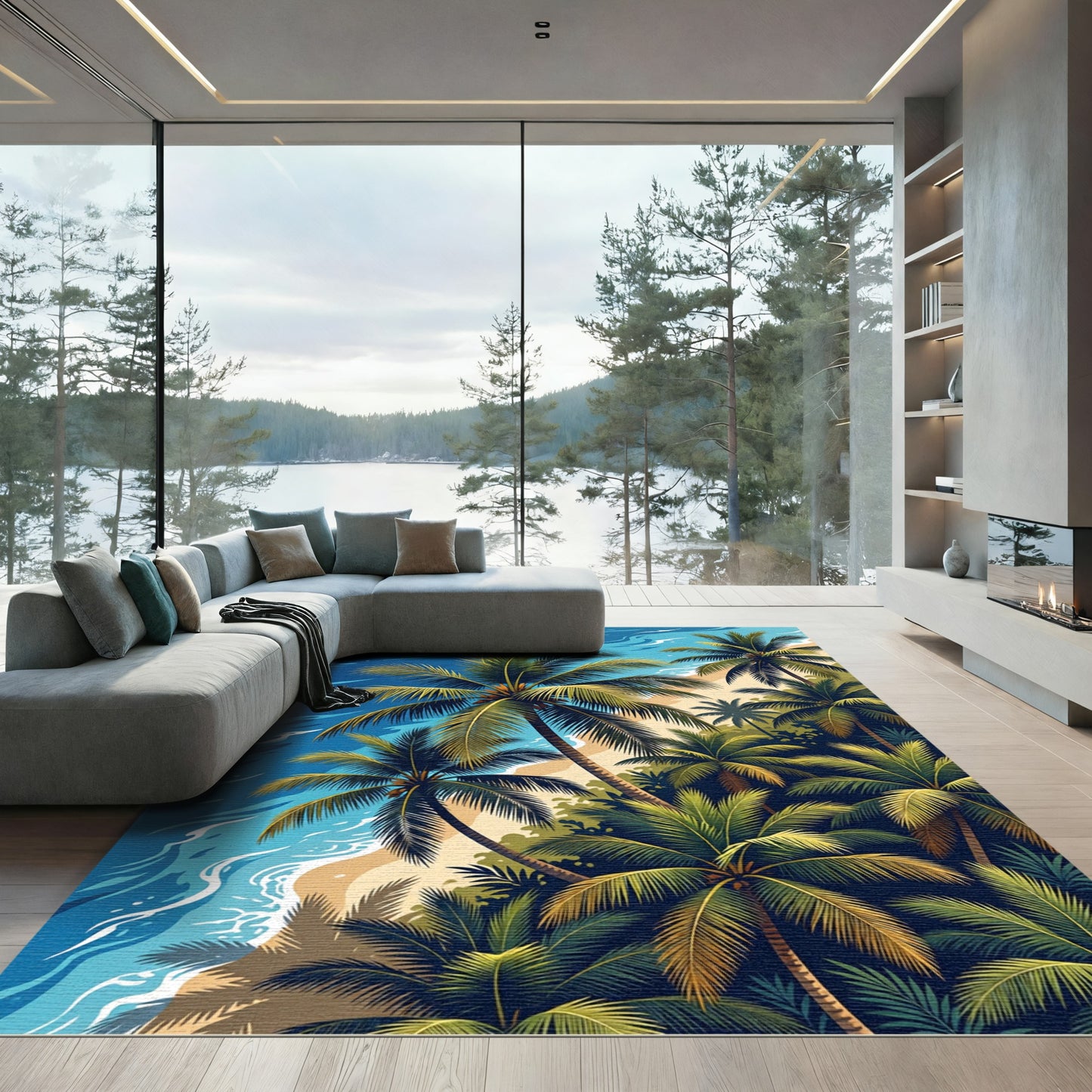 Lush Tropical Palm Beach Shoreline Rug