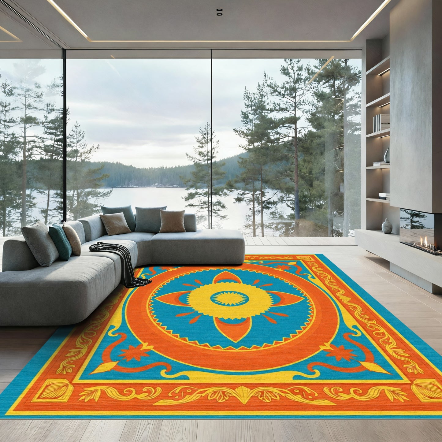 Vibrant Orange Yellow Sunburst Medallion Rug