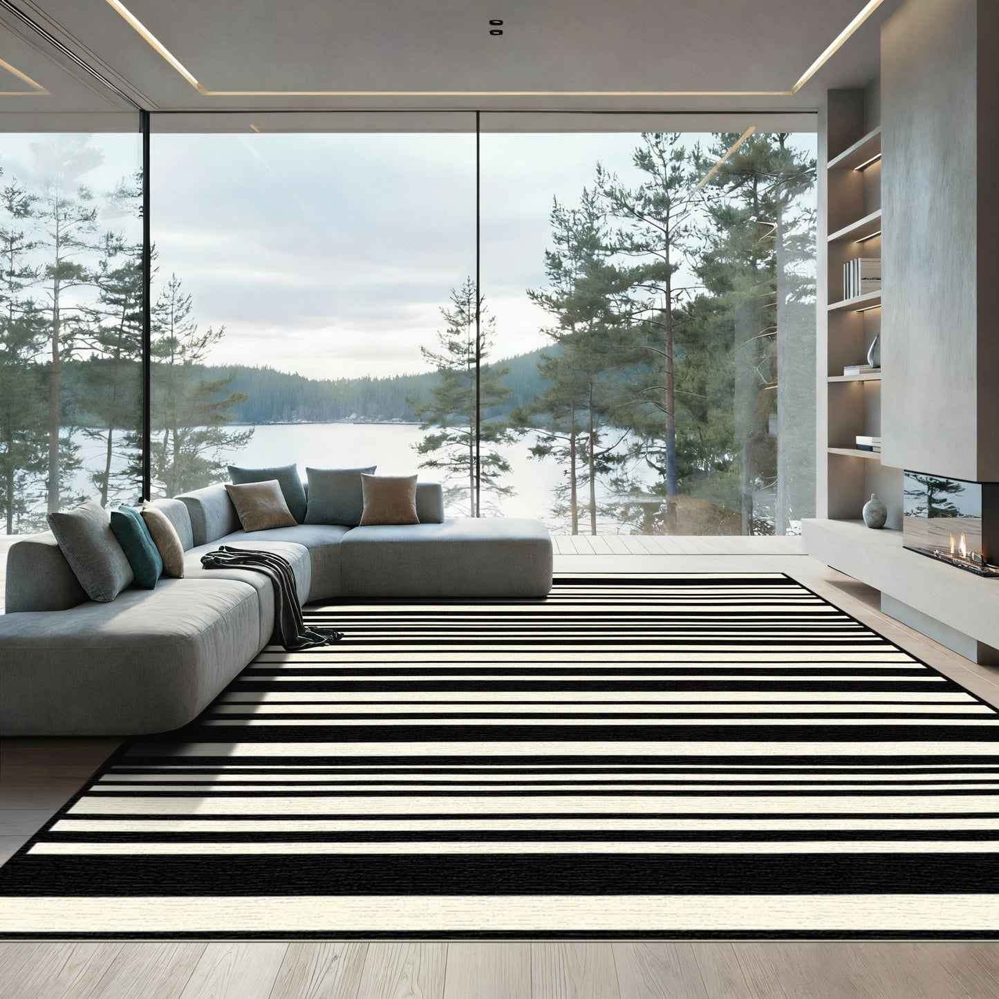 Bold Contemporary Ivory Black Stripes Rug