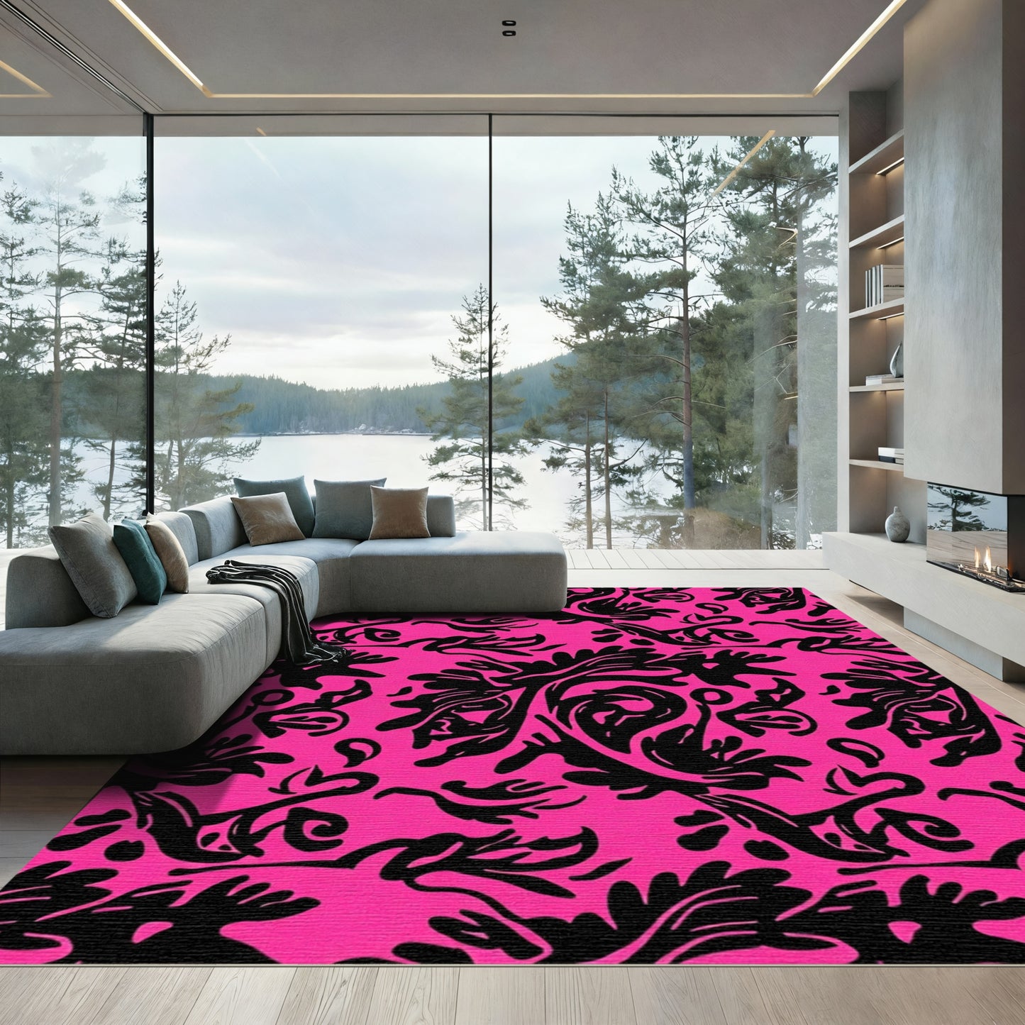 Vibrant Black Floral Swirl Background Rug
