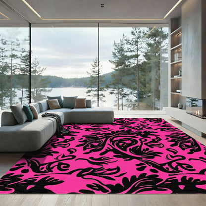 Vibrant Black Floral Swirl Background Rug