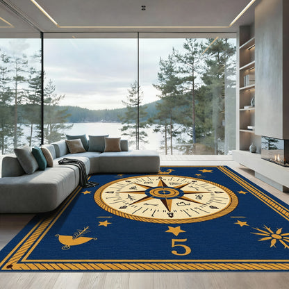 Navy Golden Nautical Compass Star Rug