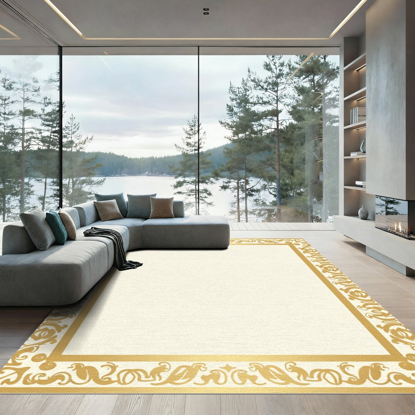 Traditional Gold Ornate Botanical Border Rug