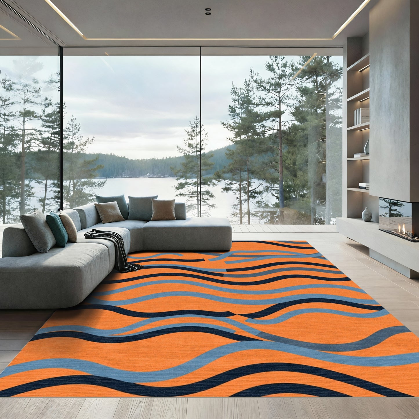 Vibrant Orange Blue Wavy Stripes Rug