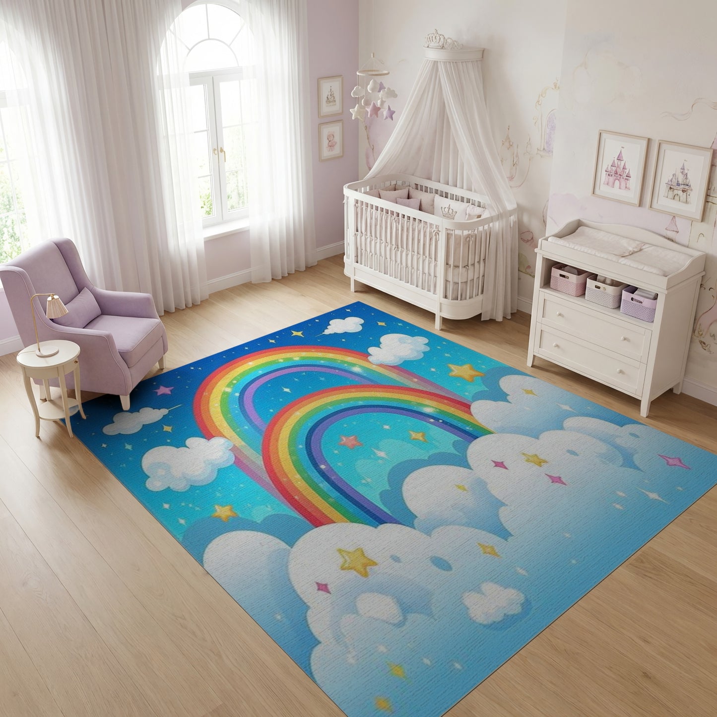 Whimsical Double Rainbow Stars Clouds Rug