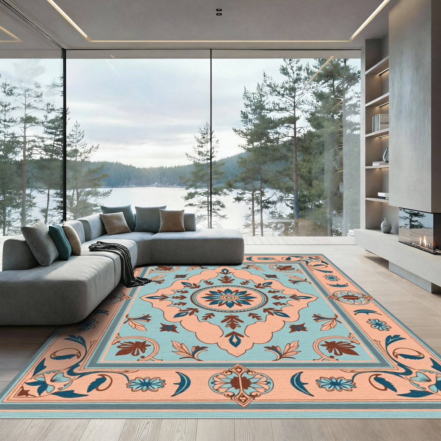 Peach Blue Floral Medallion Border Rug