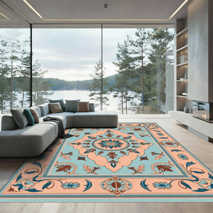 Peach Blue Floral Medallion Border Rug