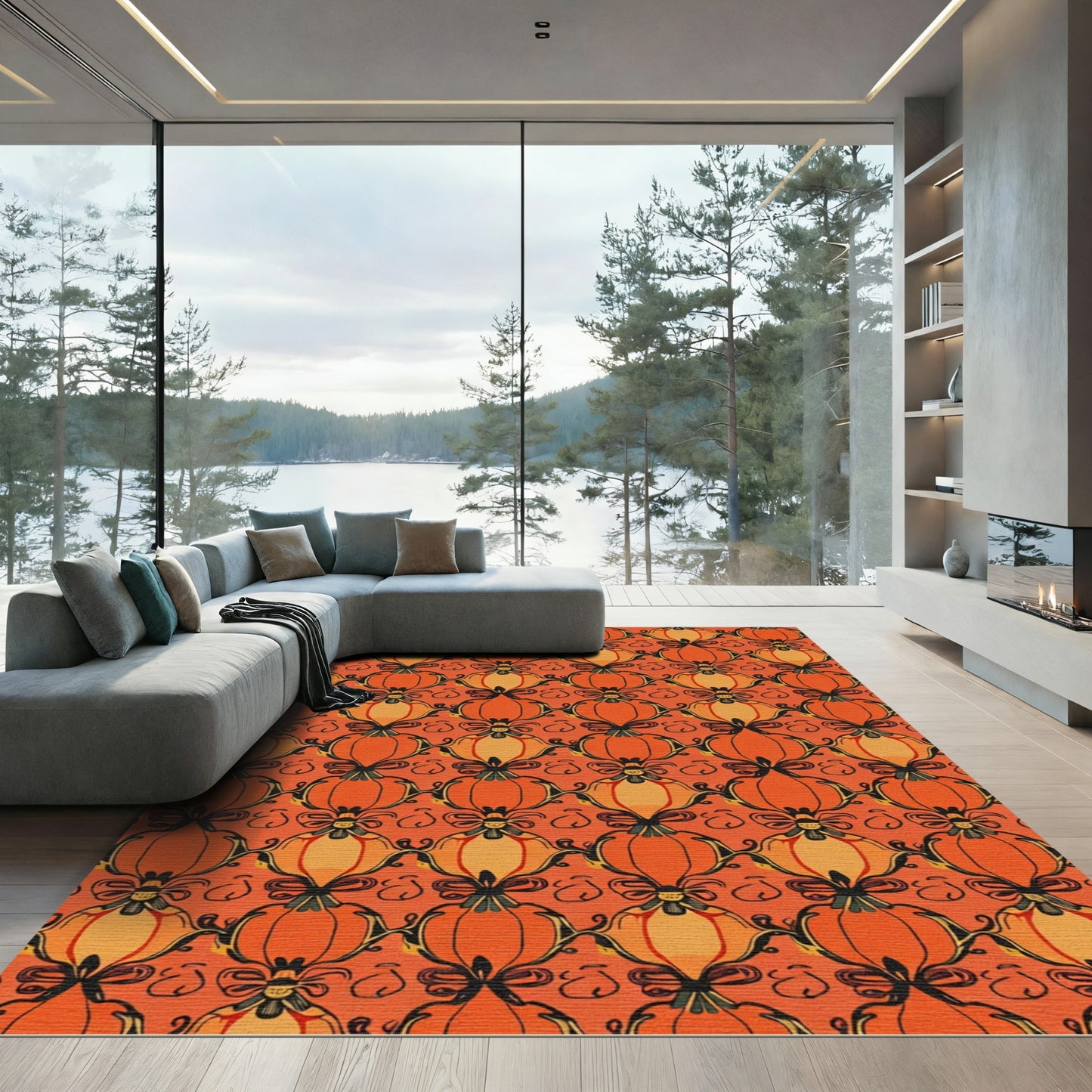 Orange Pumpkin Vine Lattice Rug