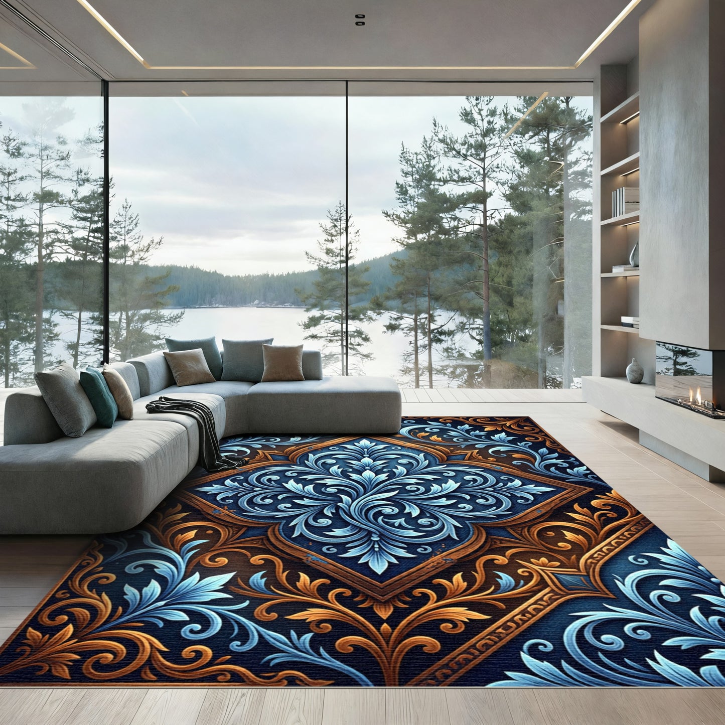 Ornate Navy Gold Damask Scroll Rug