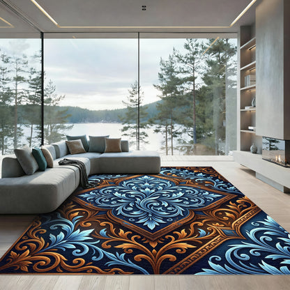 Ornate Navy Gold Damask Scroll Rug
