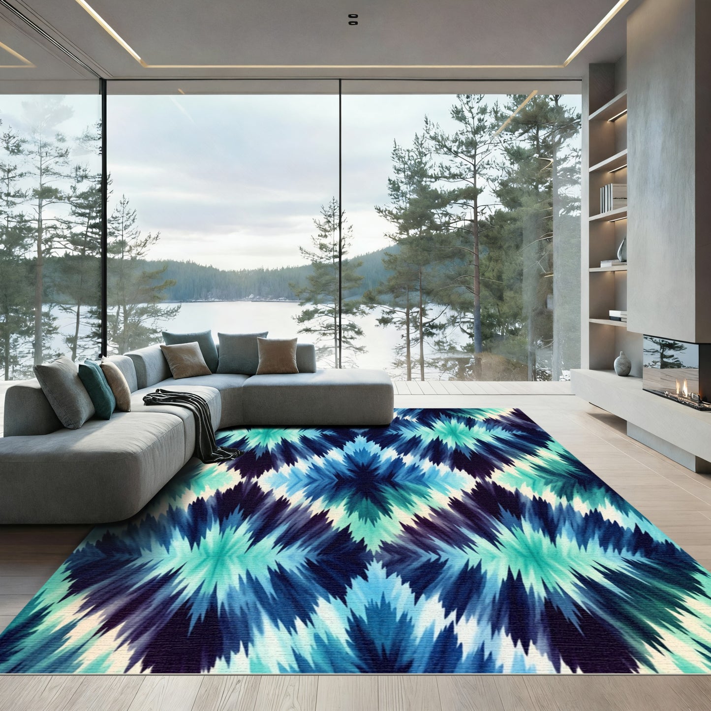 Teal and Navy Ikat Diamond Area Rug