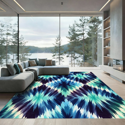 Teal and Navy Ikat Diamond Area Rug