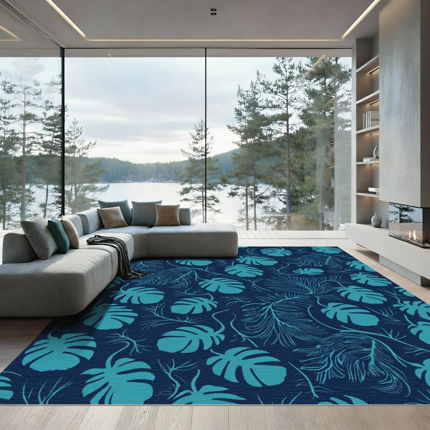 Deep Teal Tropical Leaf Pattern Rug