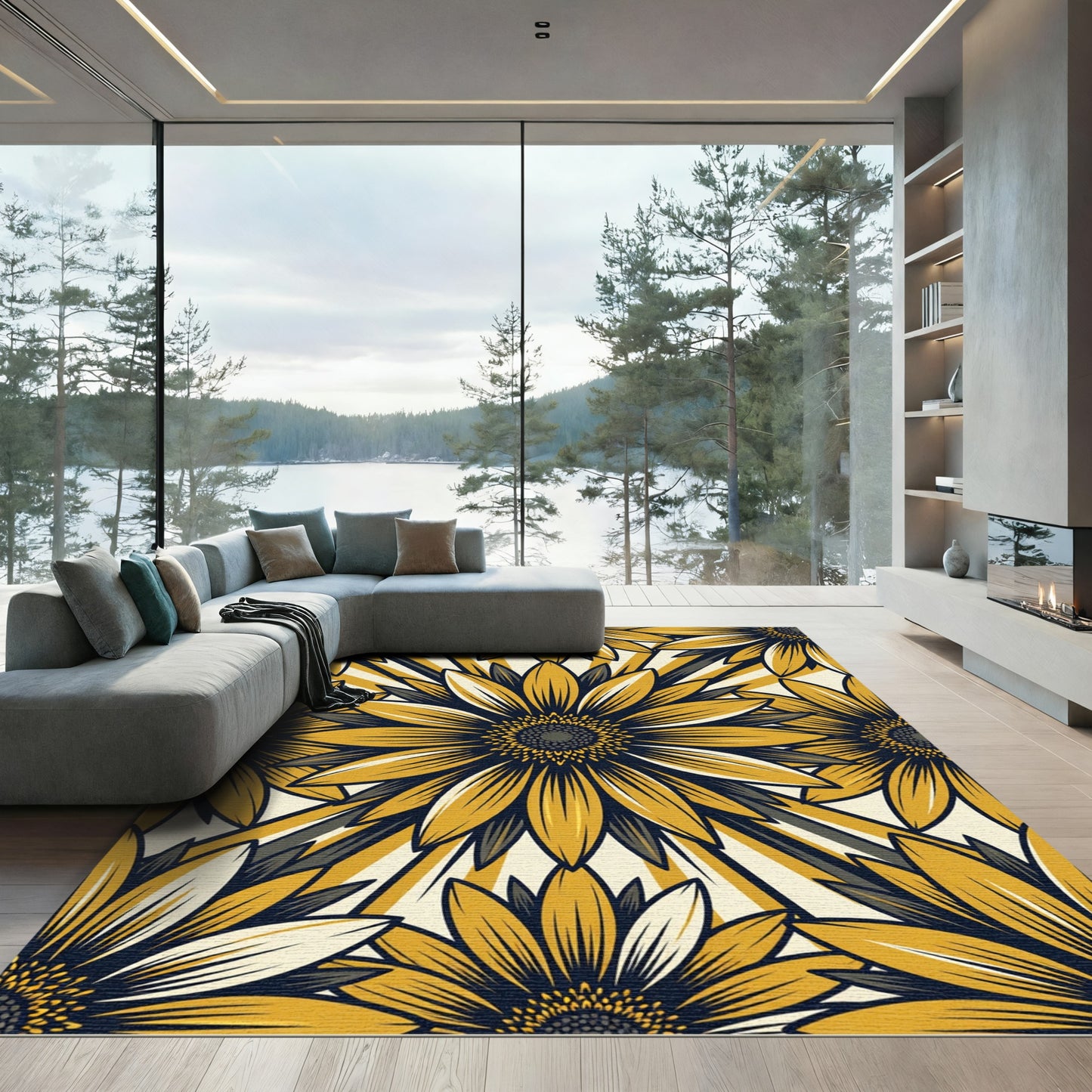 Golden Yellow Sunflower Sunburst Rug
