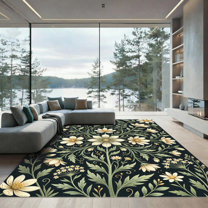 Cream Floral Symmetry on Dark Backdrop Rug