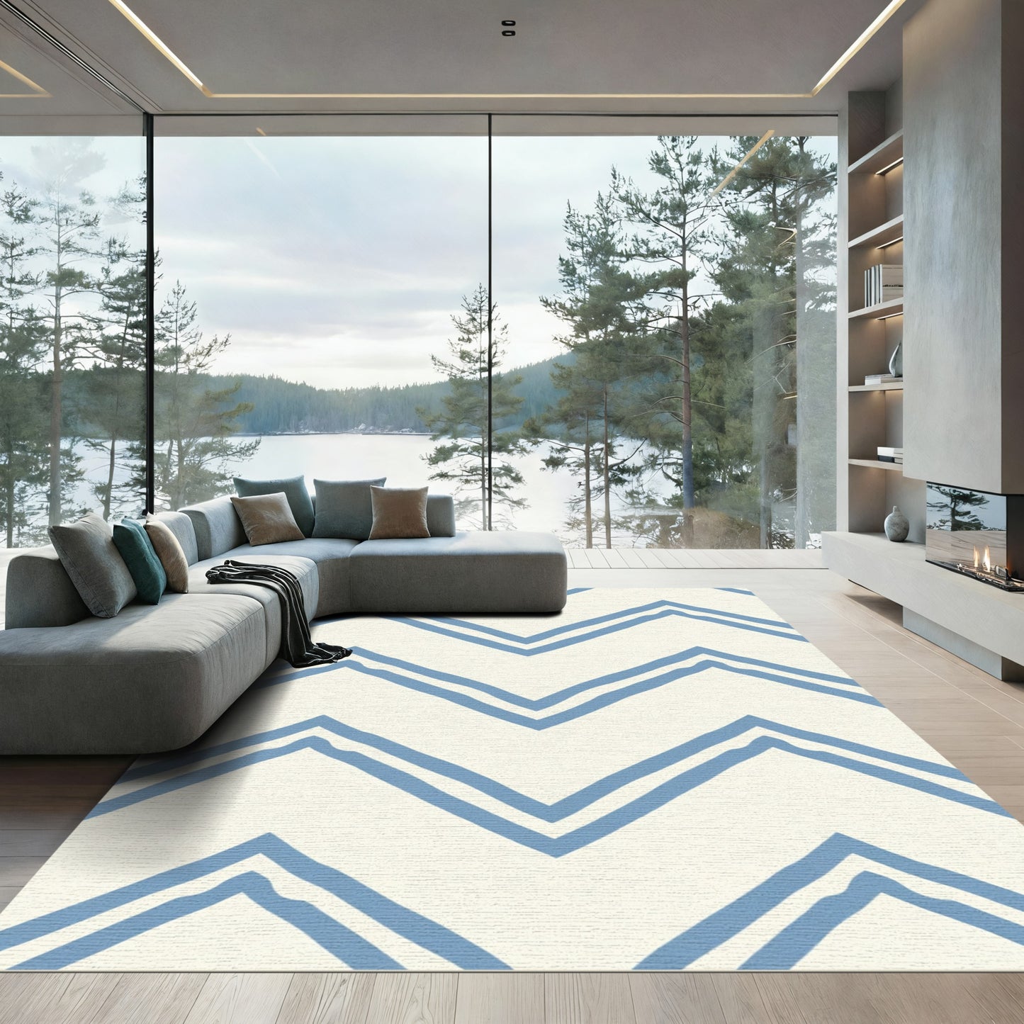 Blue Double Chevron Cream Rug