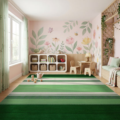 Vibrant Green and Cream Striped Rug