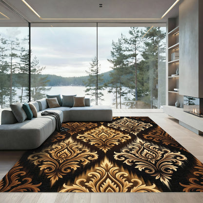 Gold Damask On Black Background Rug