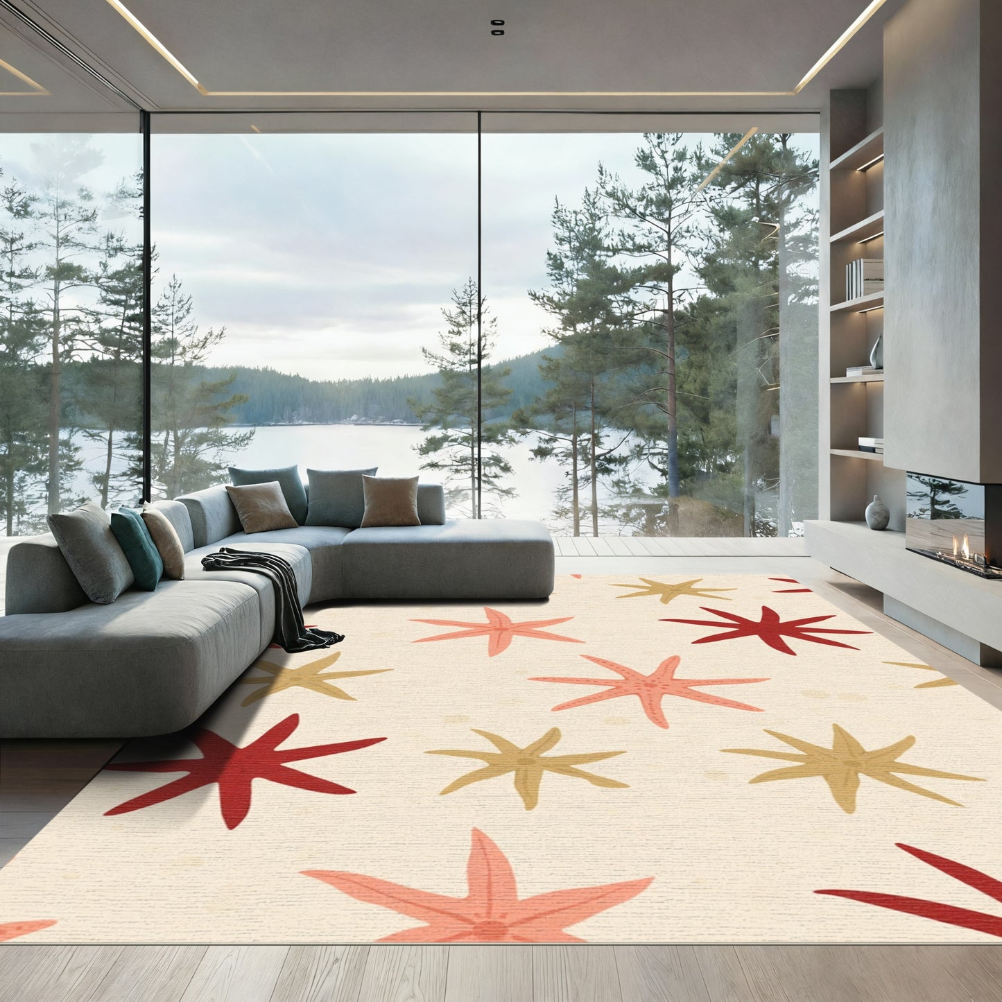 Coral And Gold Starfish Pattern Rug