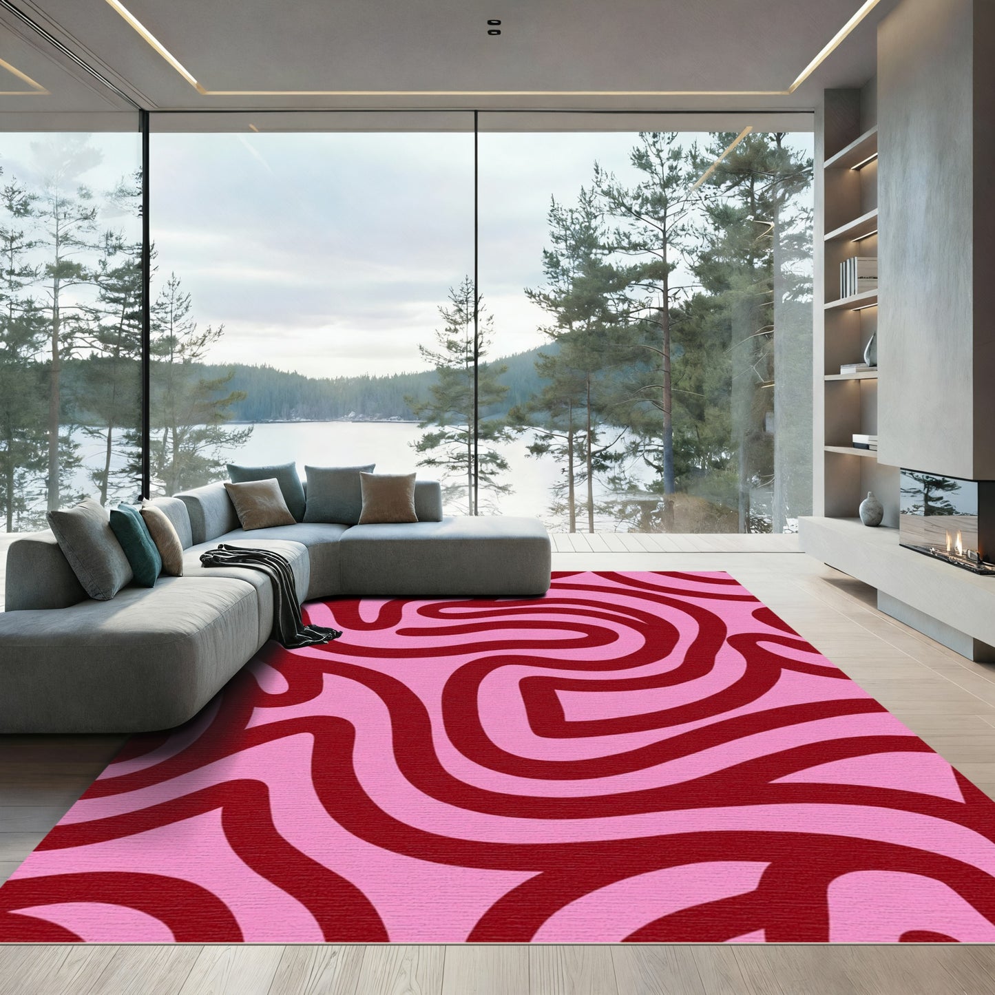 Crimson Swirls Pink Abstract Rug