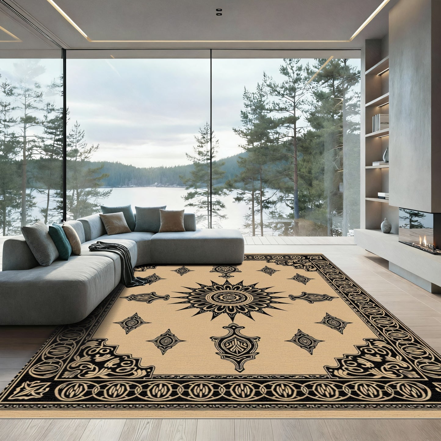 Black Sun Mandala Geometric Border Rug