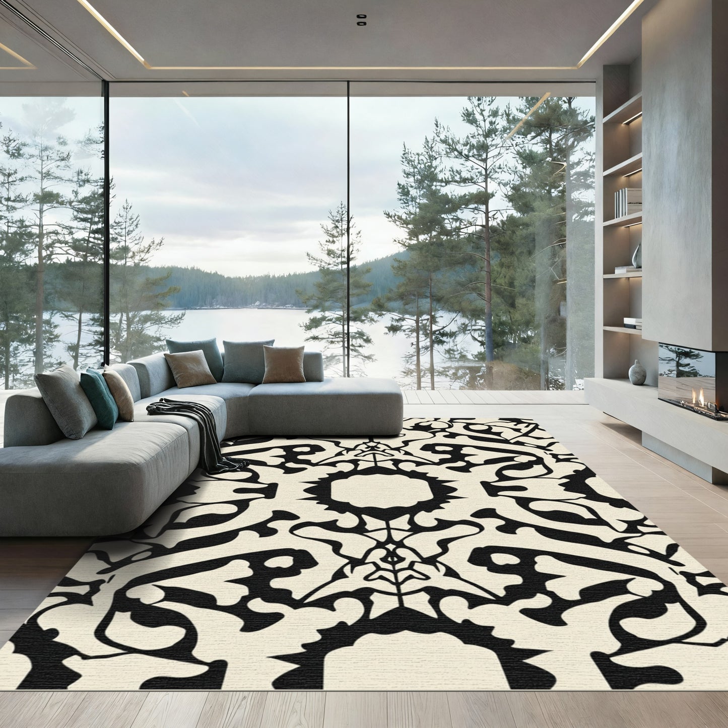 Black and Cream Ornamental Scroll Rug