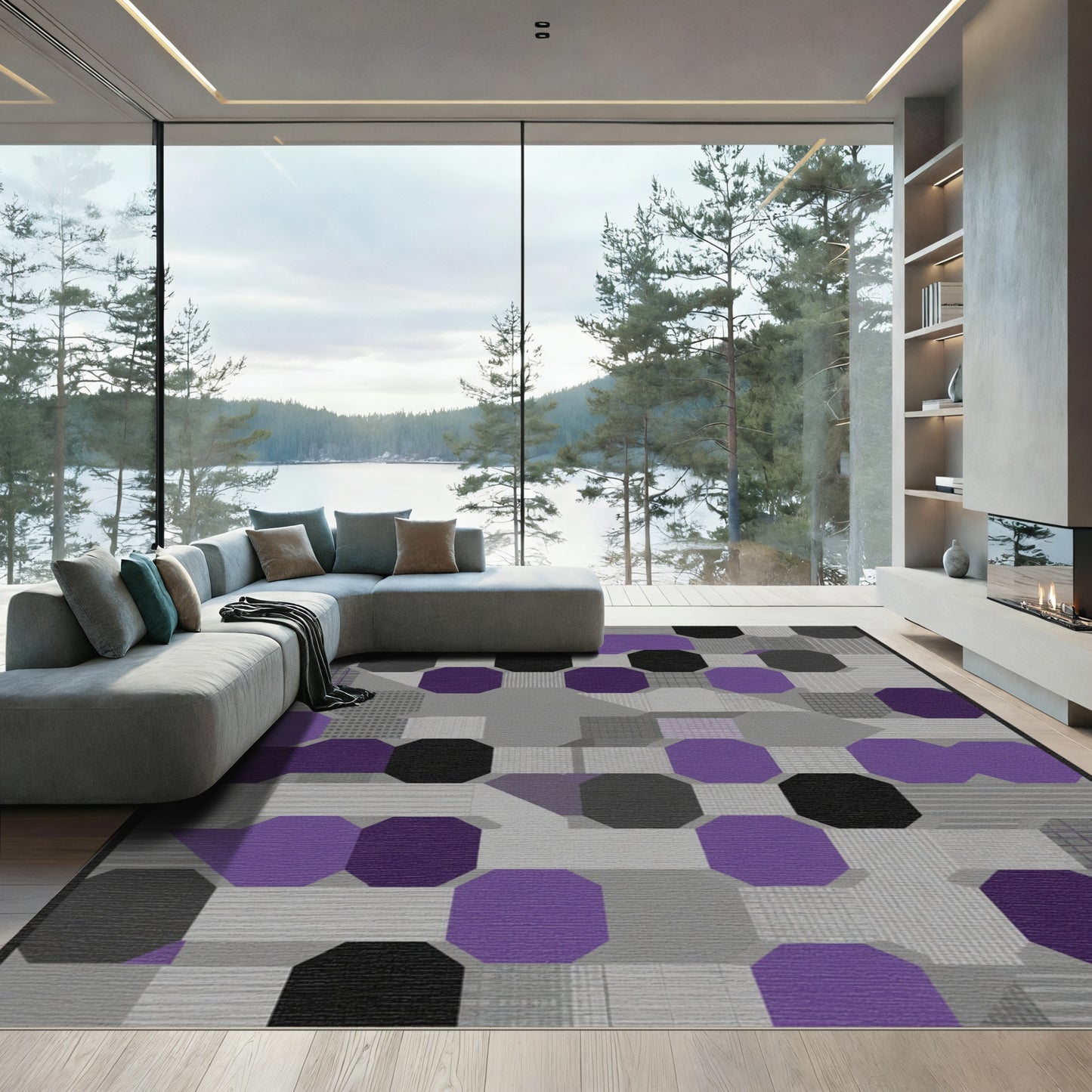 Purple Gray Geometric Octagon Collage Rug