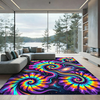 Cosmic Neon Tie Dye Galactic Swirl Rug