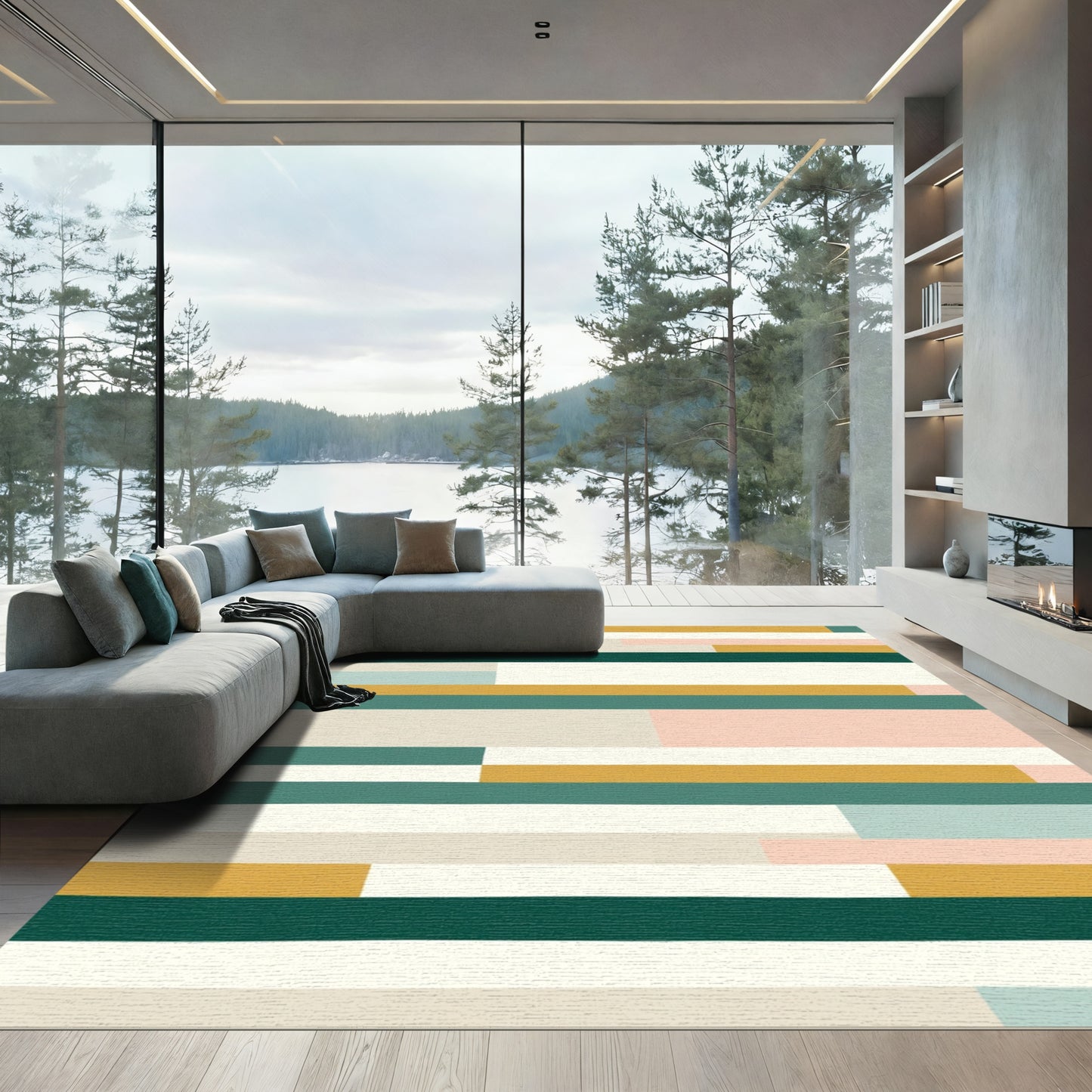 Striped Teal Ochre Blush Cream Rug