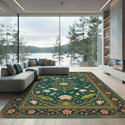 Emerald Lotus Blossom Medallion Floral Rug