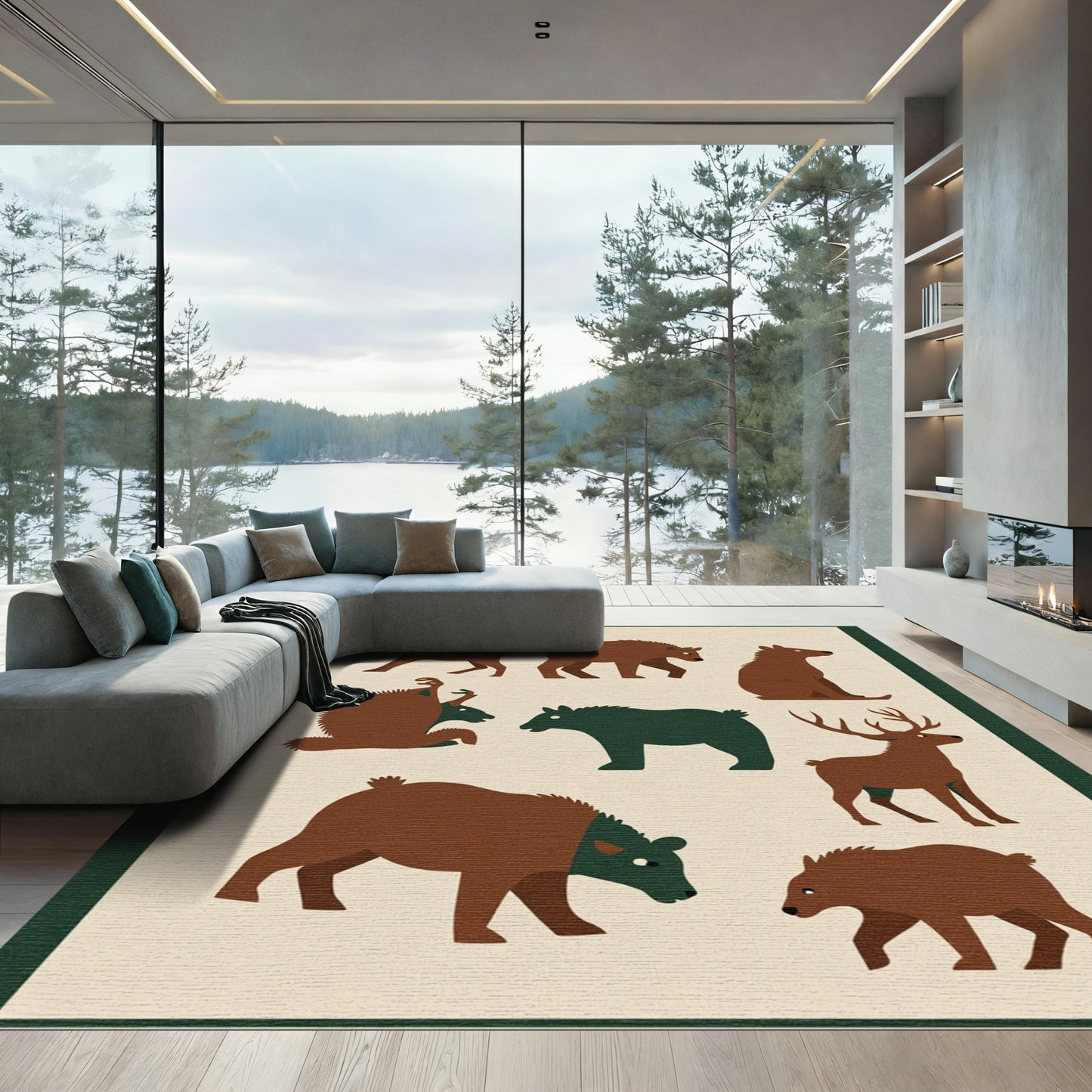 Woodland Creatures Brown Green Collection Rug